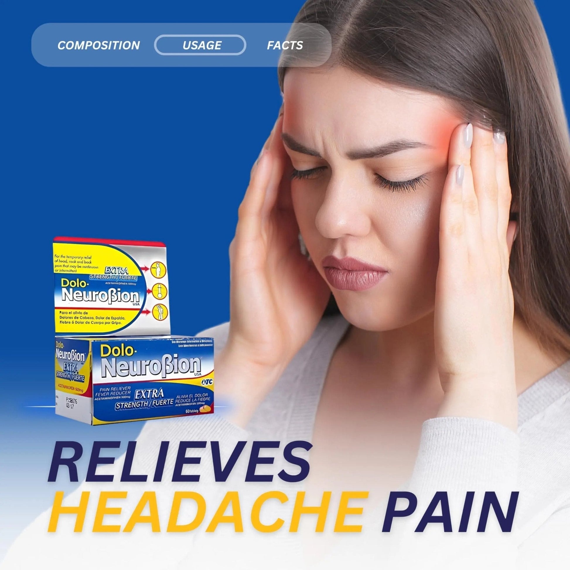 Dolo Neurobion Pain Reliever, Fever Reducer, Extra Strength. Alivia el Dolor,Reduce la Fiebre, Extra Fuerte. 60 Tablets. Acetaminophen 500 mg - Maple Wellness Supplements