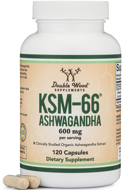 Double Wood Supplements Ashwagandha KSM 66 Organic and Clinically Studied Extract (600mg Per Serving, 120 Capsules, 60 Servings) - Maple Wellness Supplements