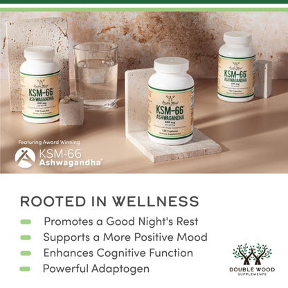Double Wood Supplements Ashwagandha KSM 66 Organic and Clinically Studied Extract (600mg Per Serving, 120 Capsules, 60 Servings) - Maple Wellness Supplements