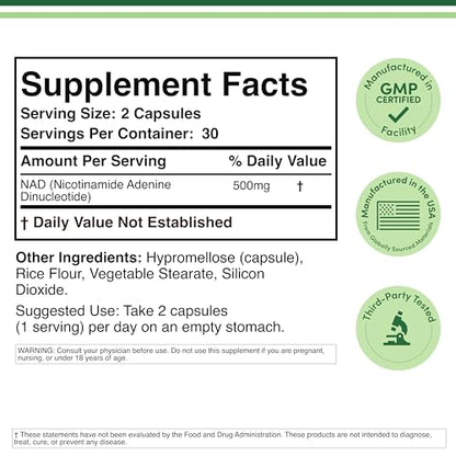 Double Wood Supplements NAD+ Anti Aging & Cell Regeneration | 500mg of 95% Pure NAD Plus Per Serving, 30 Day Supply | Similar to Nicotinamide Riboside - Maple Wellness Supplements