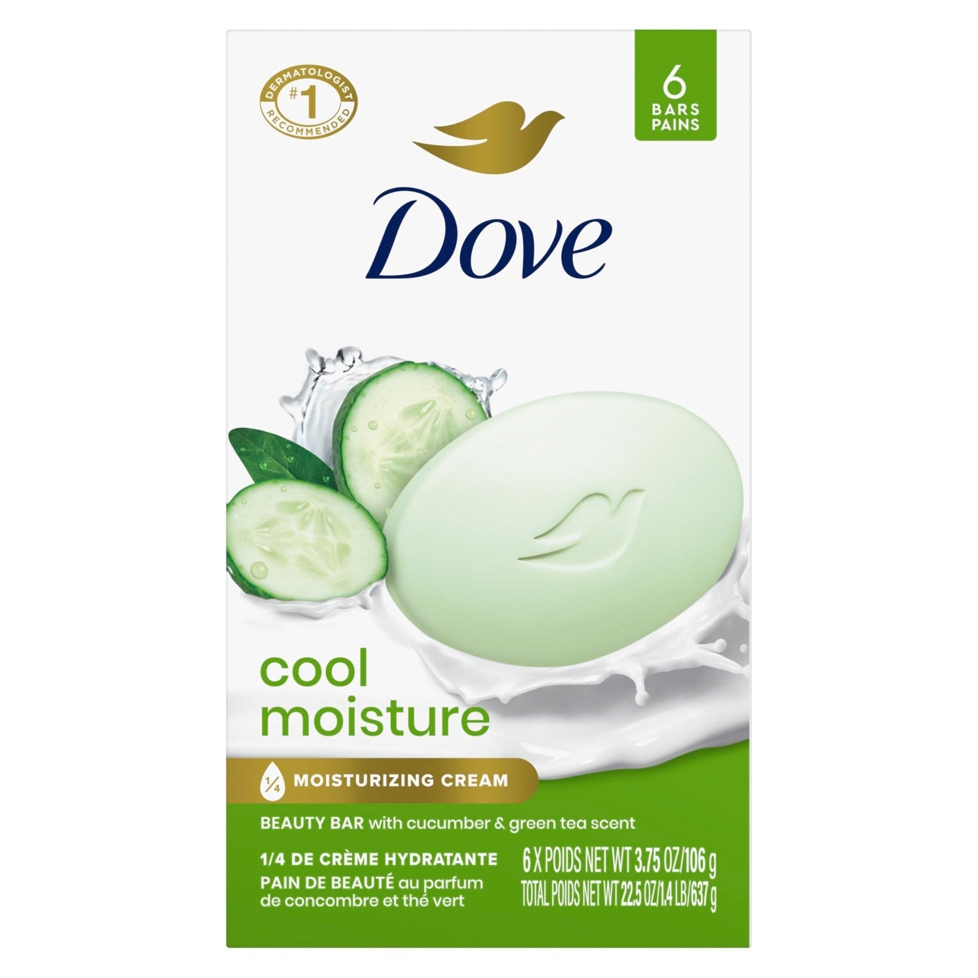 Dove Beauty Bar Soap Cool Moisture Cucumber & Green Tea Scent, 6 Bars for Refreshed Skin, Leaves Skin Refreshed 3.75 oz - Maple Wellness Supplements