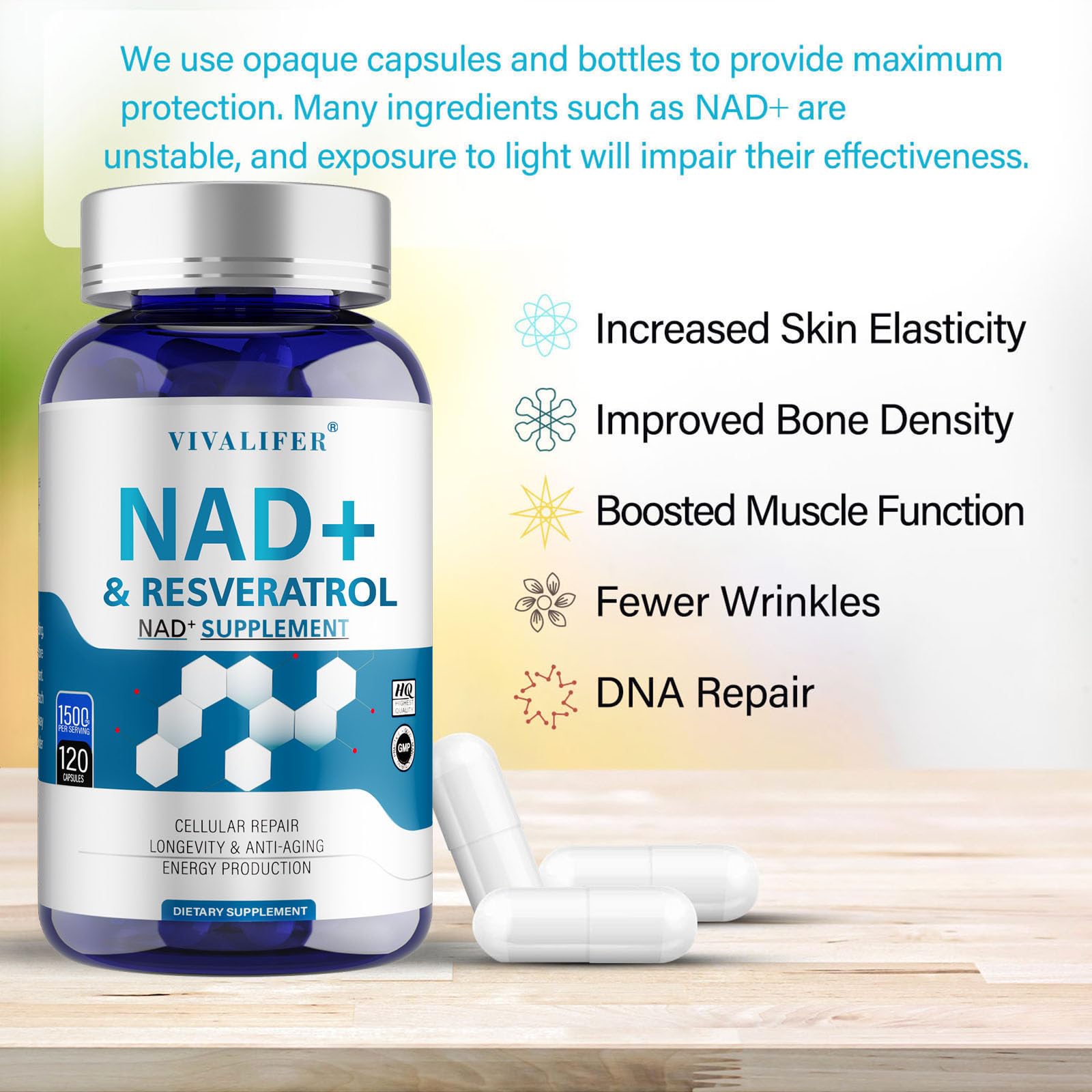 DQQI NMN Supplement Alternative 1500 mg - 120 Capsules (40 Day Supply) High Purity NAD+ & Resveratrol for Anti-Aging, Antioxidant Support, Energy & Focus Boost - Maple Wellness Supplements