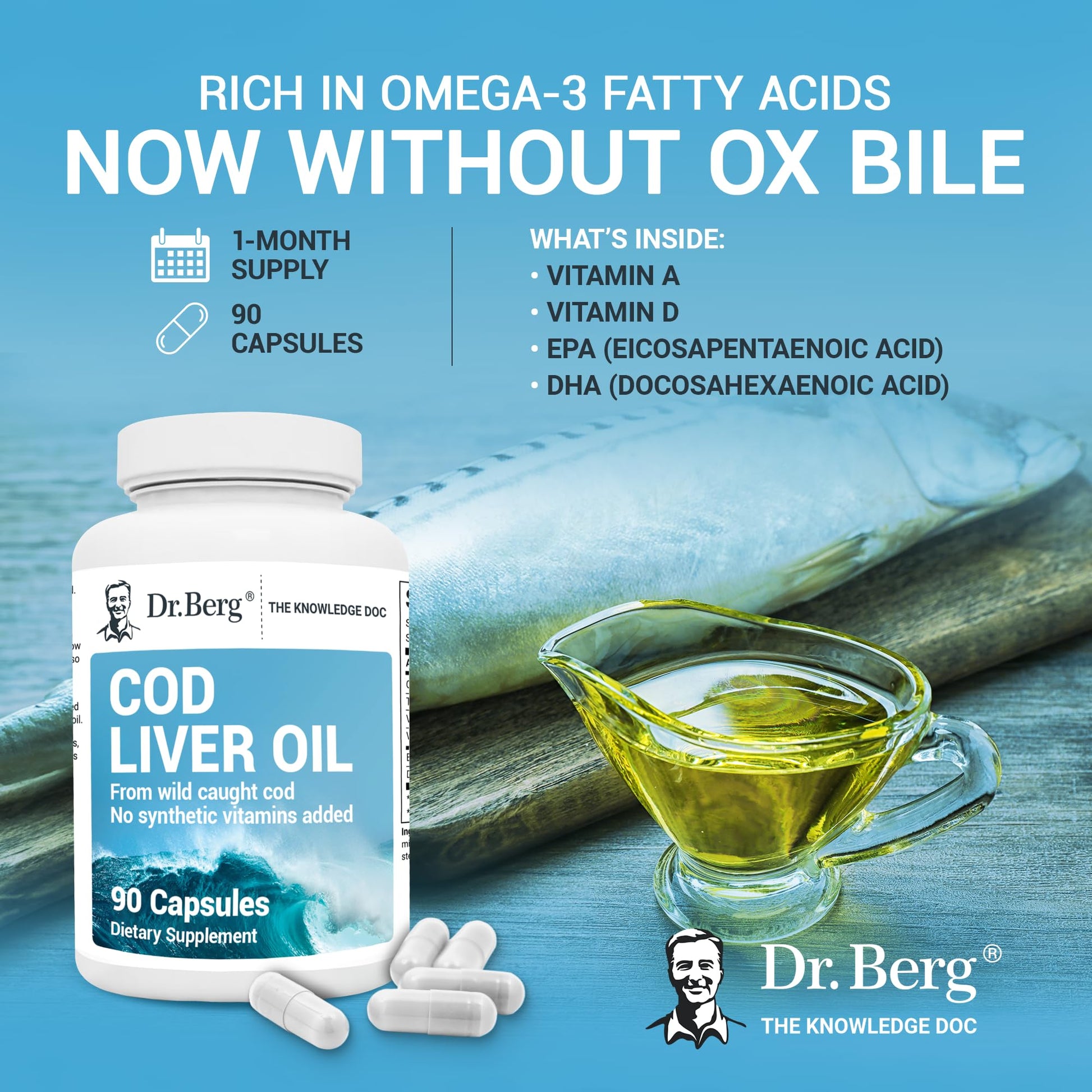 Dr. Berg Cod Liver Oil Capsules - New Formula Without OxBile - Rich in Omega-3 Fatty - Maple Wellness Supplements