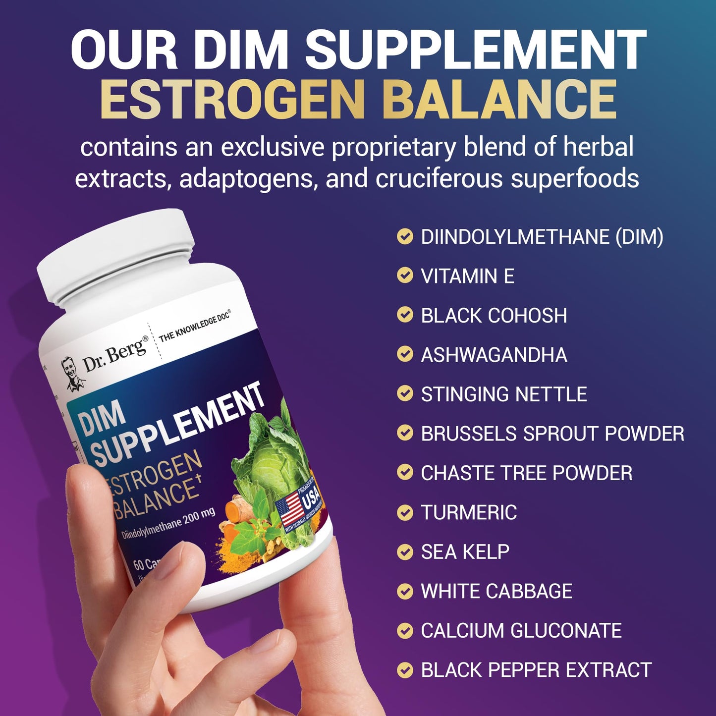 Dr. Berg DIM Supplement Estrogen Balance - Original Estrogen Supplement for Women with Diindolylmethane for Menstrual Symptoms & Menopause Relief & Black Pepper for Enhanced Absorption - 60 Capsules - Maple Wellness Supplements