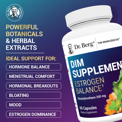 Dr. Berg DIM Supplement Estrogen Balance - Original Estrogen Supplement for Women with Diindolylmethane for Menstrual Symptoms & Menopause Relief & Black Pepper for Enhanced Absorption - 60 Capsules - Maple Wellness Supplements