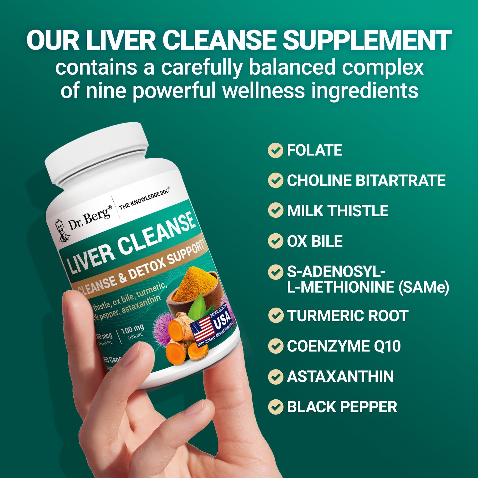 Dr. Berg Liver Cleanse Detox Capsules w/Unique Blend of Milk Thistle, Ox Bile & Folate - Liver Supplement Includes Turmeric, Black Pepper & Choline - 60 Capsules - Maple Wellness Supplements