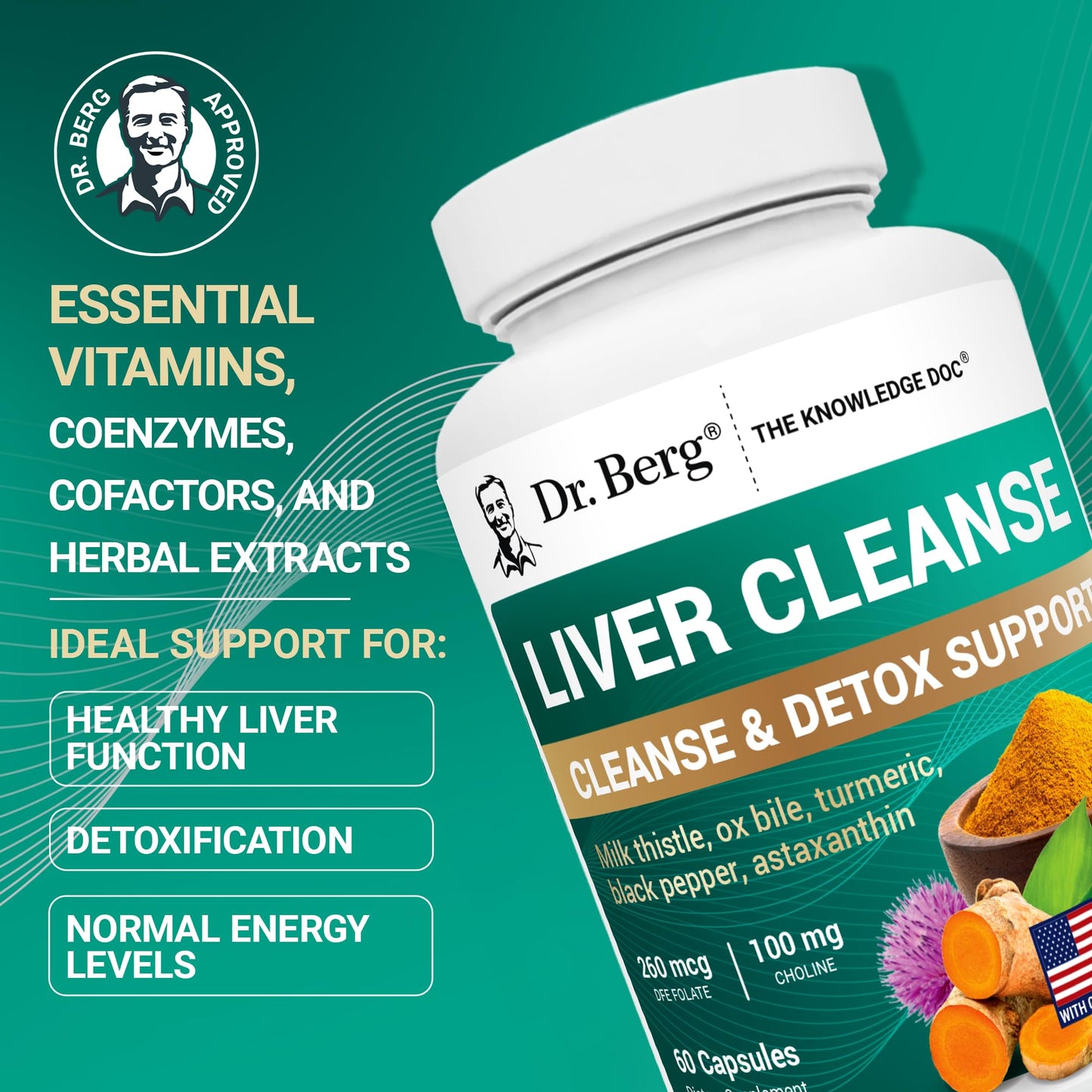 Dr. Berg Liver Cleanse Detox Capsules w/Unique Blend of Milk Thistle, Ox Bile & Folate - Liver Supplement Includes Turmeric, Black Pepper & Choline - 60 Capsules - Maple Wellness Supplements
