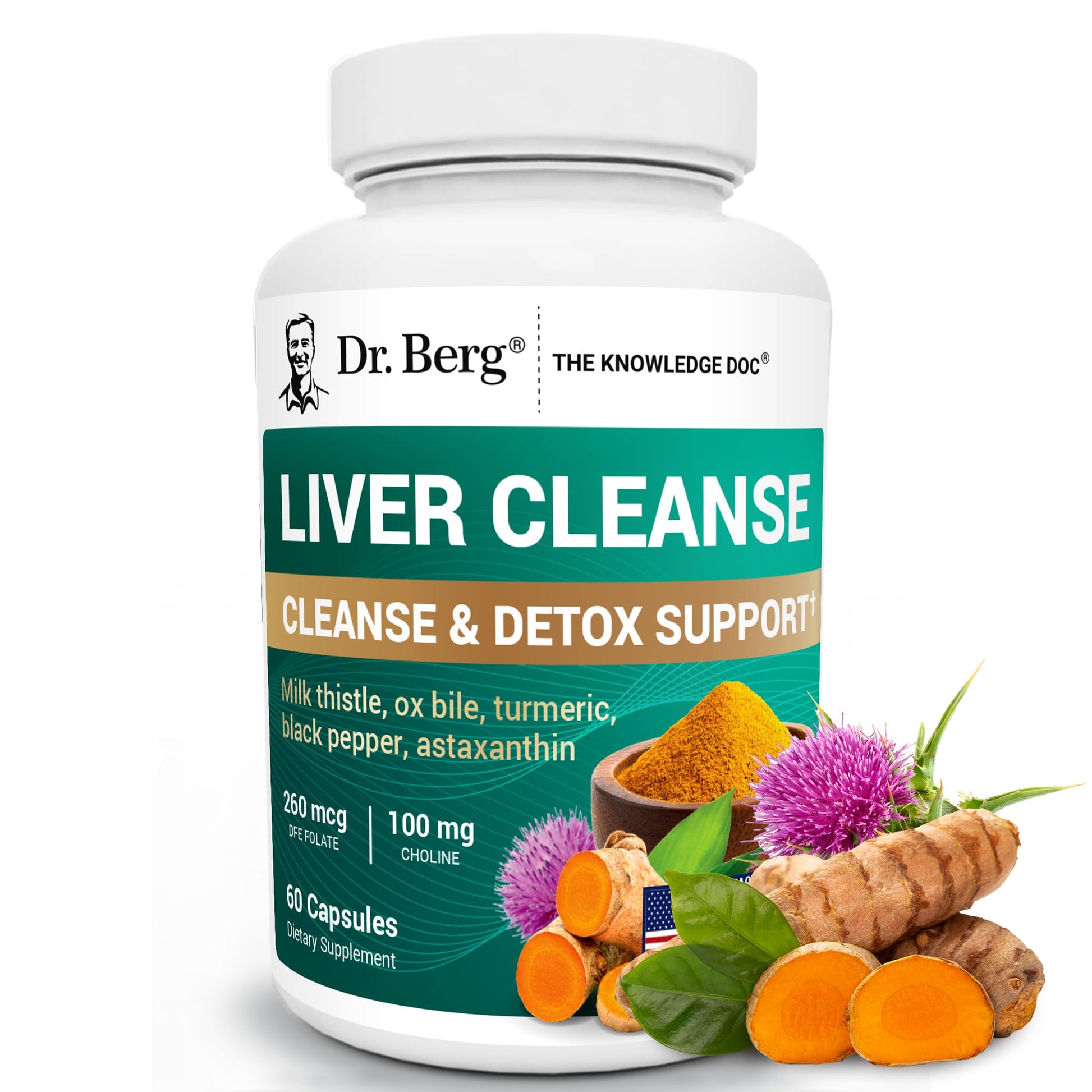 Dr. Berg Liver Cleanse Detox Capsules w/Unique Blend of Milk Thistle, Ox Bile & Folate - Liver Supplement Includes Turmeric, Black Pepper & Choline - 60 Capsules - Maple Wellness Supplements
