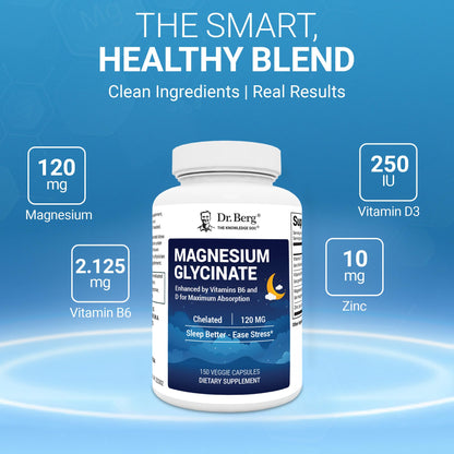 Dr. Berg Magnesium Glycinate 150ct – 4-in-1 Chelated for Muscle, Nerve, Sleep & Stress Support*– w/ D3, B6 & Zinc – 4X Lab-Tested - Maple Wellness Supplements