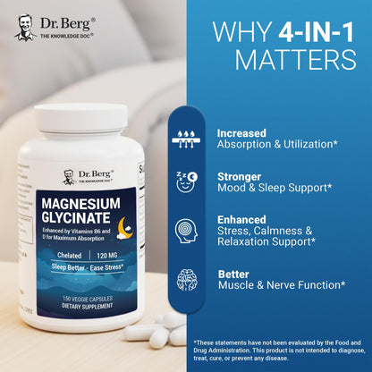 Dr. Berg Magnesium Glycinate 150ct – 4-in-1 Chelated for Muscle, Nerve, Sleep & Stress Support*– w/ D3, B6 & Zinc – 4X Lab-Tested - Maple Wellness Supplements