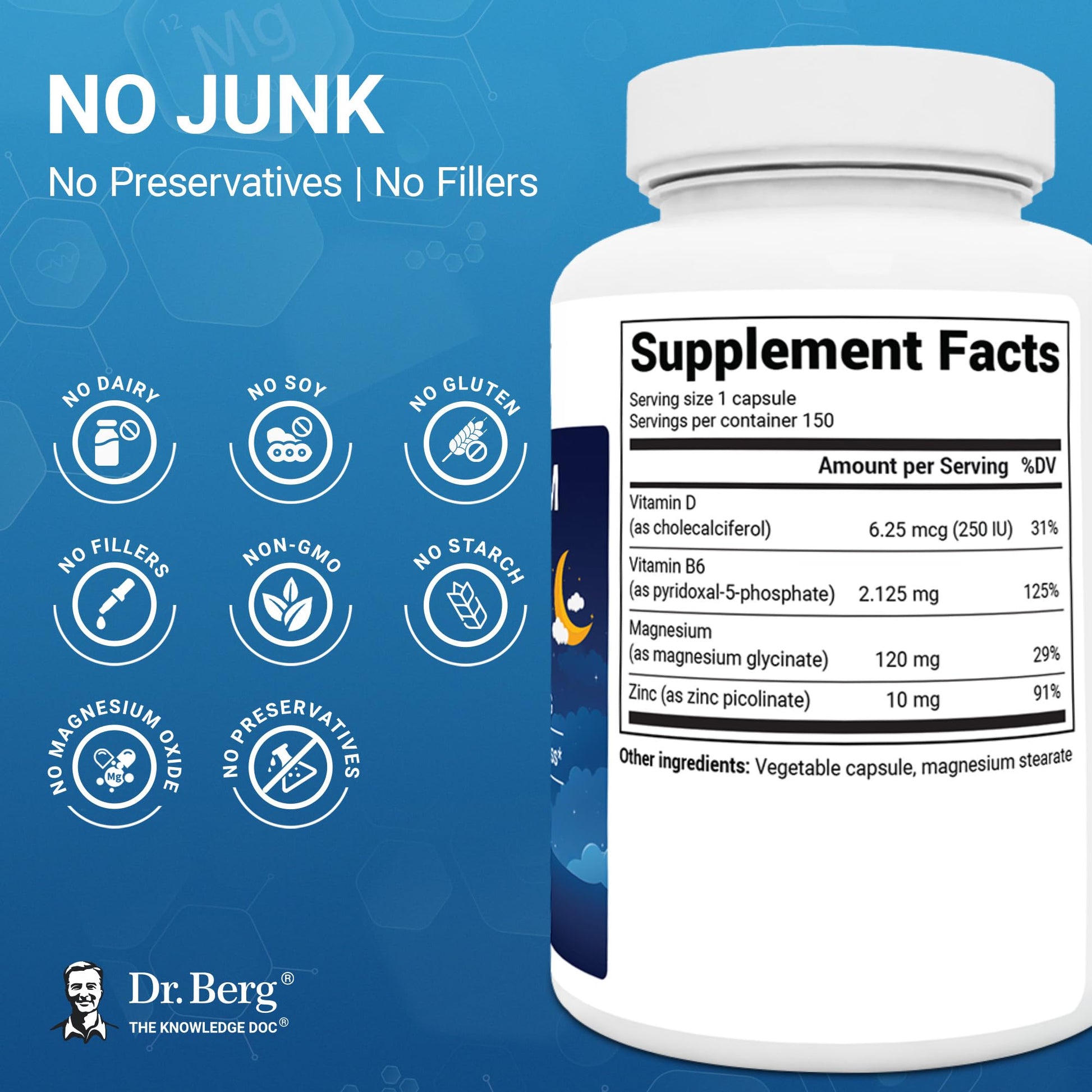 Dr. Berg Magnesium Glycinate 150ct – 4-in-1 Chelated for Muscle, Nerve, Sleep & Stress Support*– w/ D3, B6 & Zinc – 4X Lab-Tested – No Fillers – Formulated in USA, GMP-Certified - Maple Wellness Supplements