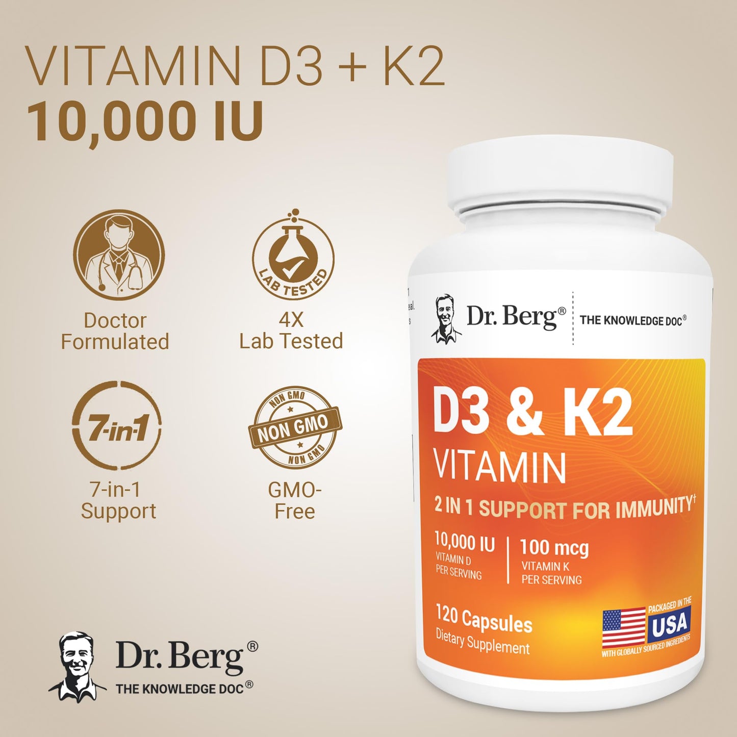Dr. Berg Maximum Strength 2-in-1 Vitamin D3 K2 10,000 IU | Naturally Derived D3 | 4X Lab-Tested & Verified | High Absorption Formula - Maple Wellness Supplements