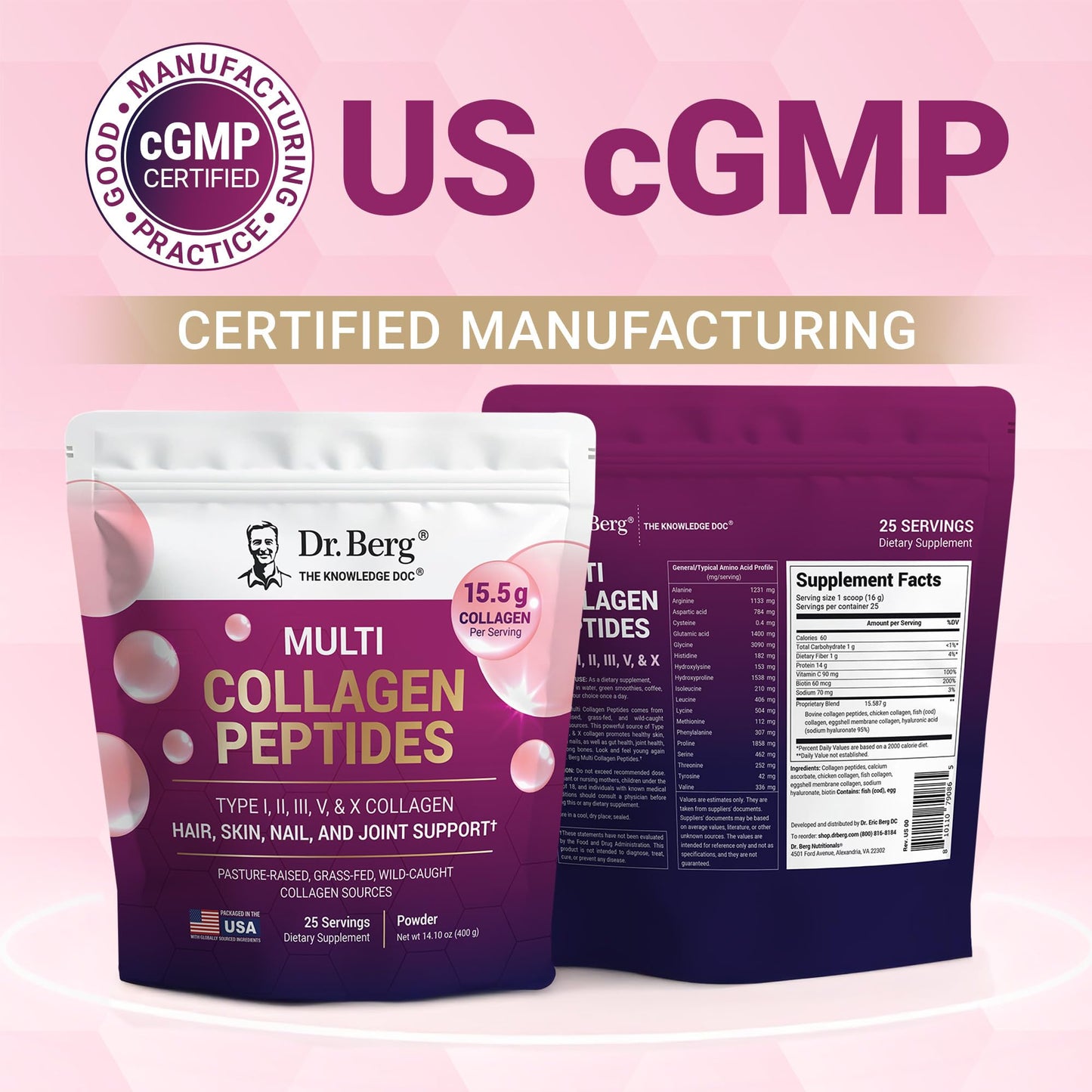 Dr. Berg Multi Collagen Peptides Powder Types I, II, III, V, X - Unflavored Collagen Powder w/ 14 g of Protein - Grass-Fed - Maple Wellness Supplements
