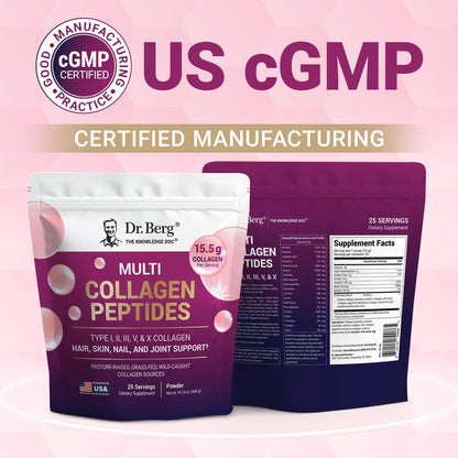 Dr. Berg Multi Collagen Peptides Powder Types I, II, III, V, X - Unflavored Collagen Powder w/ 14 g of Protein - Grass-Fed - Maple Wellness Supplements