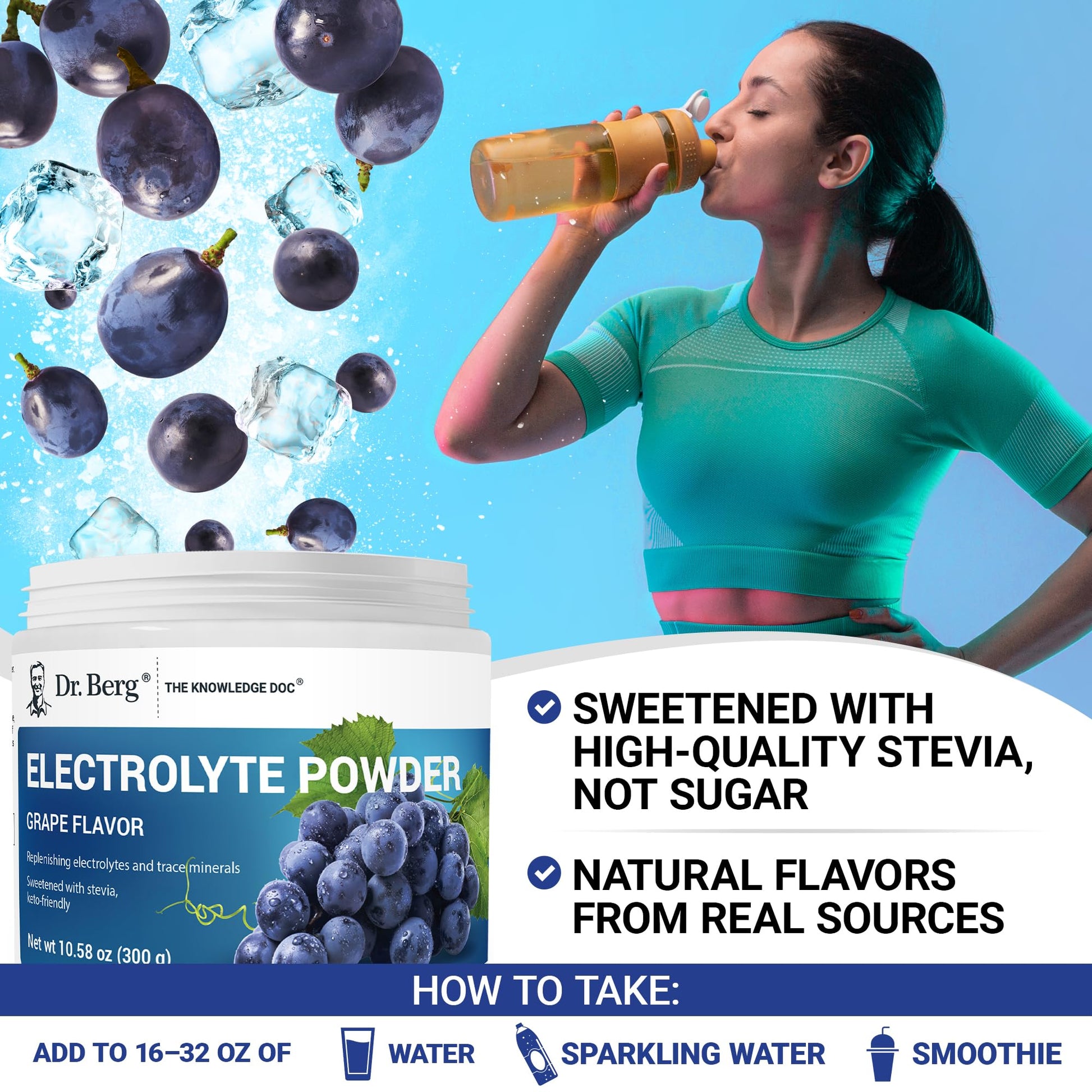 Dr. Berg Zero Sugar Hydration Keto Electrolyte Powder - Enhanced w/ 1000 mg of Potassium & Real Pink Himalayan Salt (NOT Table Salt) - Grape Flavor Hydration Drink Mix Supplement - 50 Servings - Maple Wellness Supplements