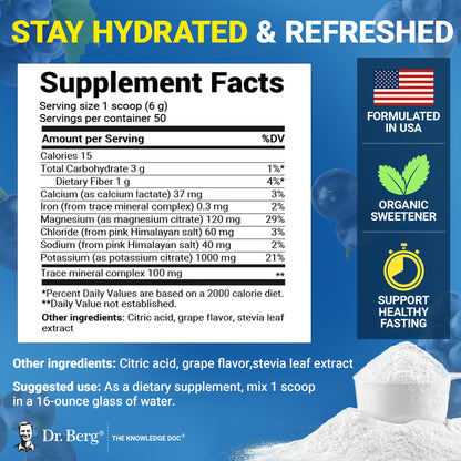Dr. Berg Zero Sugar Hydration Keto Electrolyte Powder - Enhanced w/ 1000 mg of Potassium & Real Pink Himalayan Salt (NOT Table Salt) - Grape Flavor Hydration Drink Mix Supplement - 50 Servings - Maple Wellness Supplements