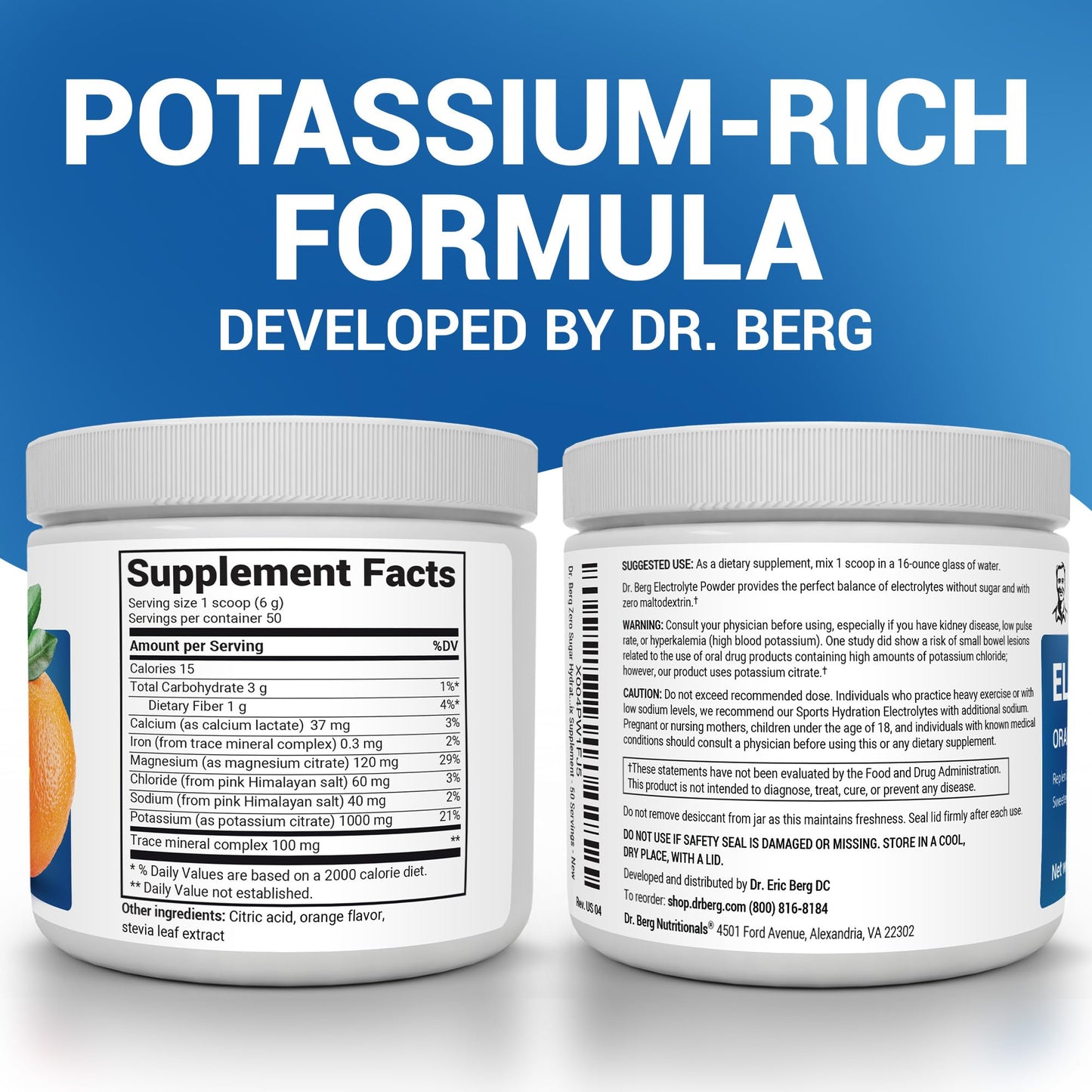 Dr. Berg Zero Sugar Hydration Keto Electrolyte Powder - Enhanced w/ 1000 mg of Potassium & Real Pink Himalayan Salt (NOT Table Salt) - Orange Flavor Hydration Drink Mix Supplement - 50 Servings - Maple Wellness Supplements