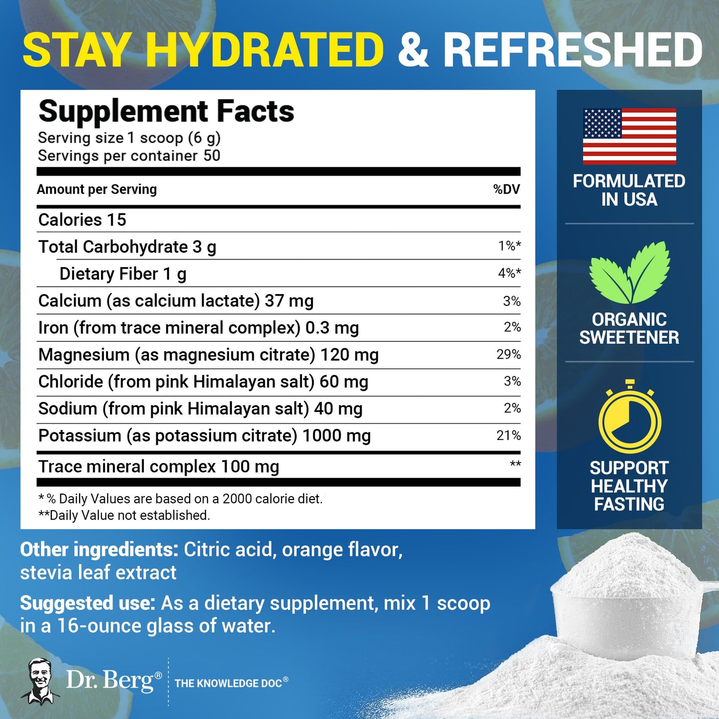 Dr. Berg Zero Sugar Hydration Keto Electrolyte Powder - Enhanced w/ 1000 mg of Potassium & Real Pink Himalayan Salt (NOT Table Salt) - Orange Flavor Hydration Drink Mix Supplement - 50 Servings - Maple Wellness Supplements