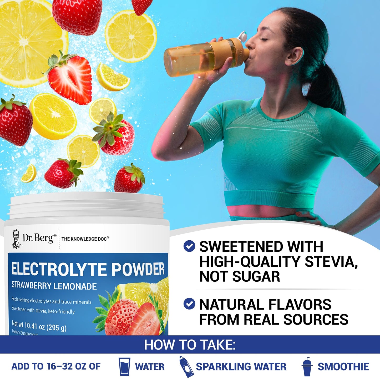 Dr. Berg Zero Sugar Hydration Keto Electrolyte Powder - Enhanced w/ 1000 mg of Potassium & Real Pink Himalayan Salt (NOT Table Salt) - Strawberry Lemonade Hydration Drink Supplement - 50 Servings - Maple Wellness Supplements