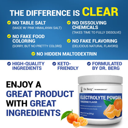 Dr. Berg Zero Sugar Hydration Keto Electrolyte Powder - Enhanced w/ 1000 mg of Potassium & Real Pink Himalayan Salt (NOT Table Salt) - Tangerine Flavor Hydration Drink Mix Supplement - 50 Servings - Maple Wellness Supplements