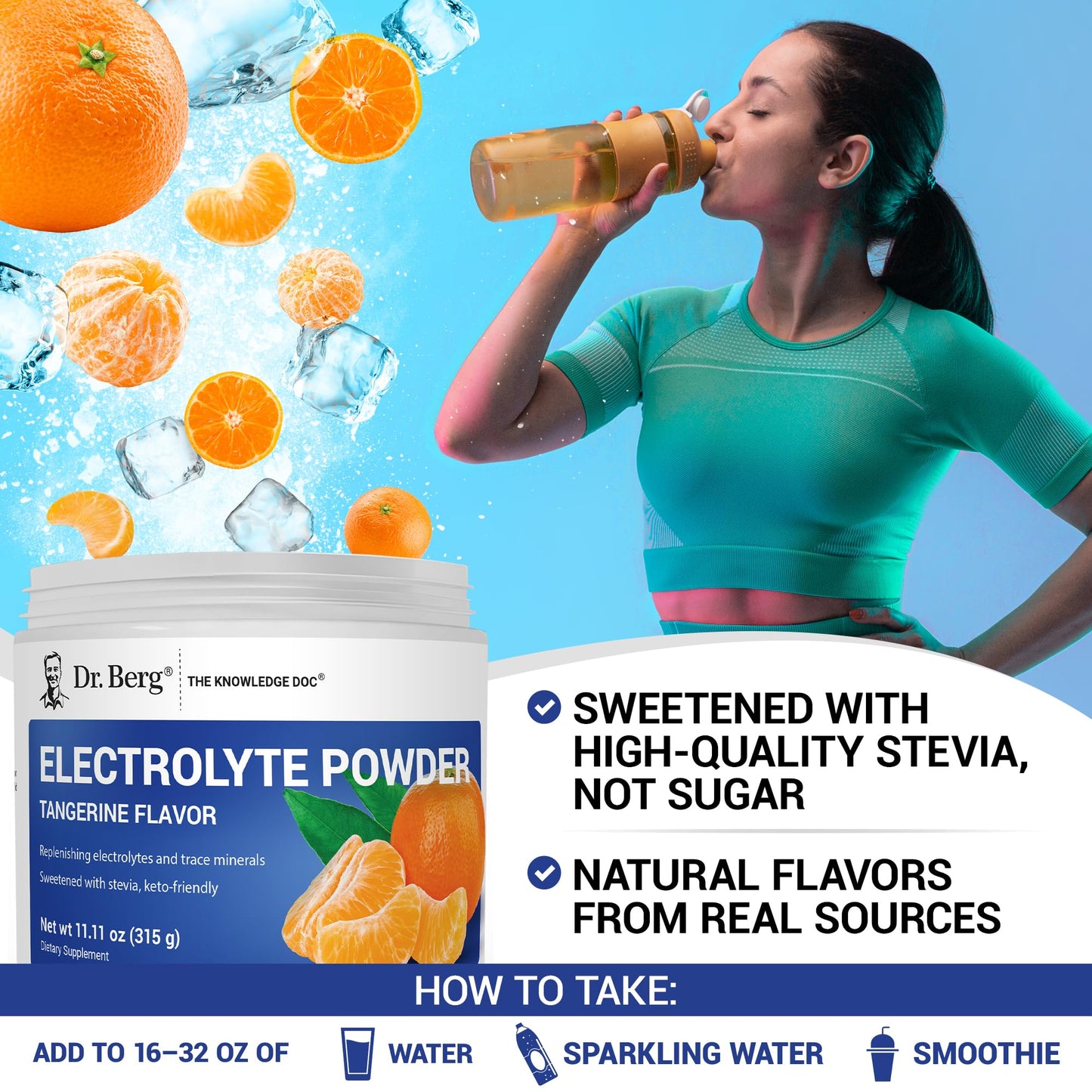 Dr. Berg Zero Sugar Hydration Keto Electrolyte Powder - Enhanced w/ 1000 mg of Potassium & Real Pink Himalayan Salt (NOT Table Salt) - Tangerine Flavor Hydration Drink Mix Supplement - 50 Servings - Maple Wellness Supplements