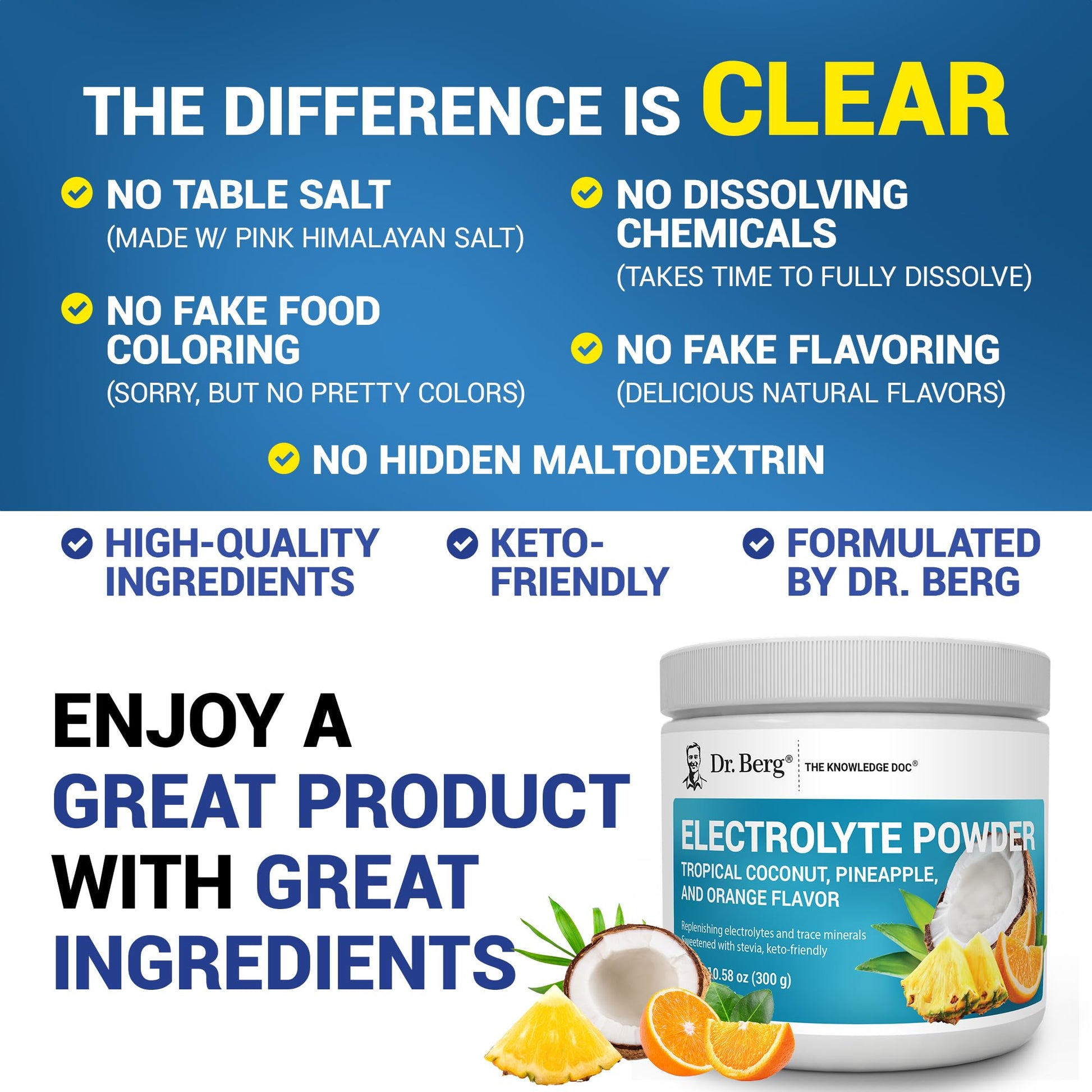 Dr. Berg Zero Sugar Hydration Keto Electrolyte Powder - Enhanced w/ 1000 mg of Potassium & Real Pink Himalayan Salt (NOT Table Salt) - Tropical Coconut - Maple Wellness Supplements