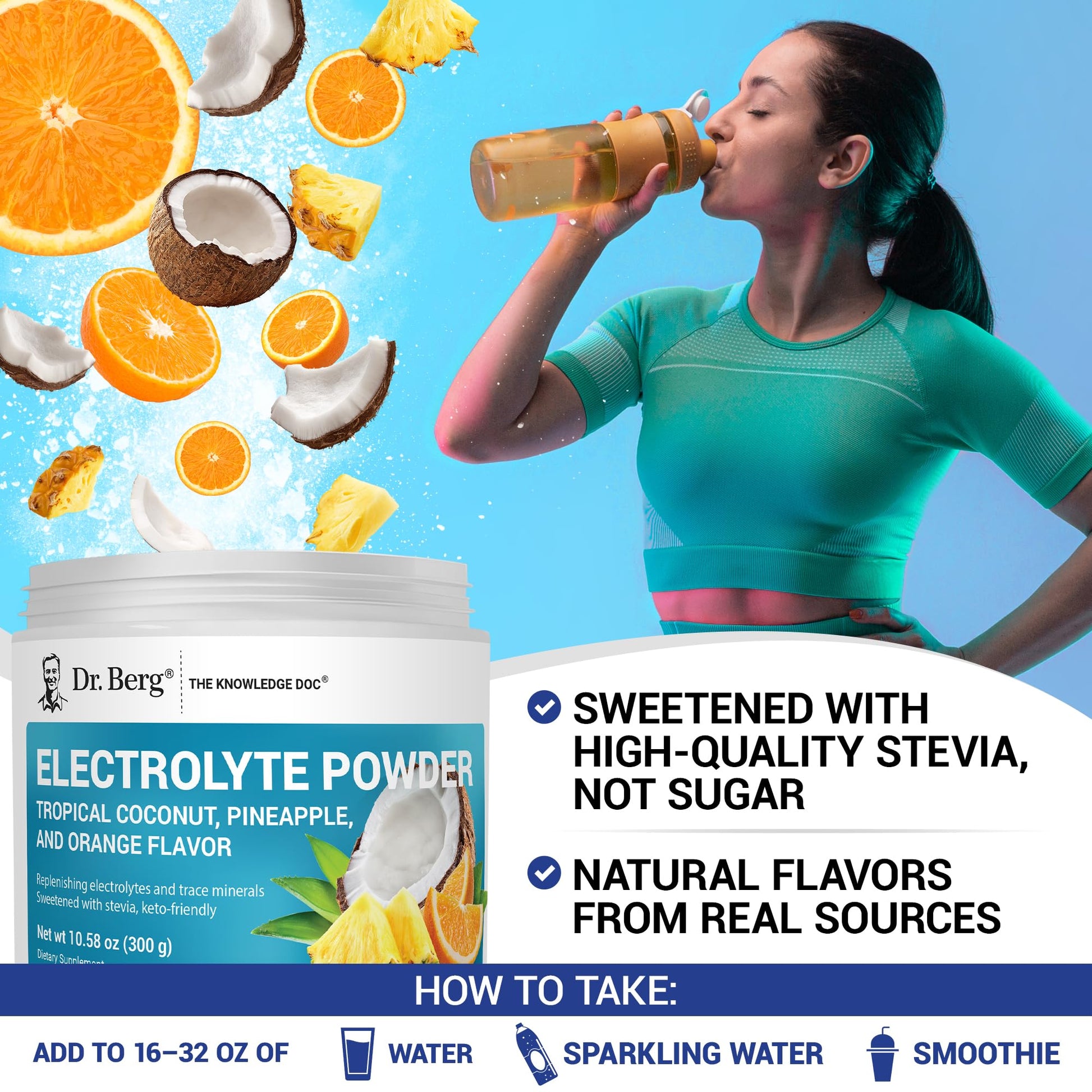 Dr. Berg Zero Sugar Hydration Keto Electrolyte Powder - Enhanced w/ 1000 mg of Potassium & Real Pink Himalayan Salt (NOT Table Salt) - Tropical Coconut - Maple Wellness Supplements