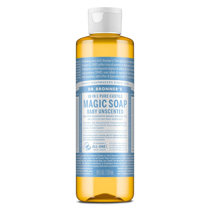 Dr. Bronner's Pure-Castile Magic Liquid Soap (Baby Unscented, 8 Ounce)- Made with Regenerative Organic Certified Oils, For Face - Maple Wellness Supplements