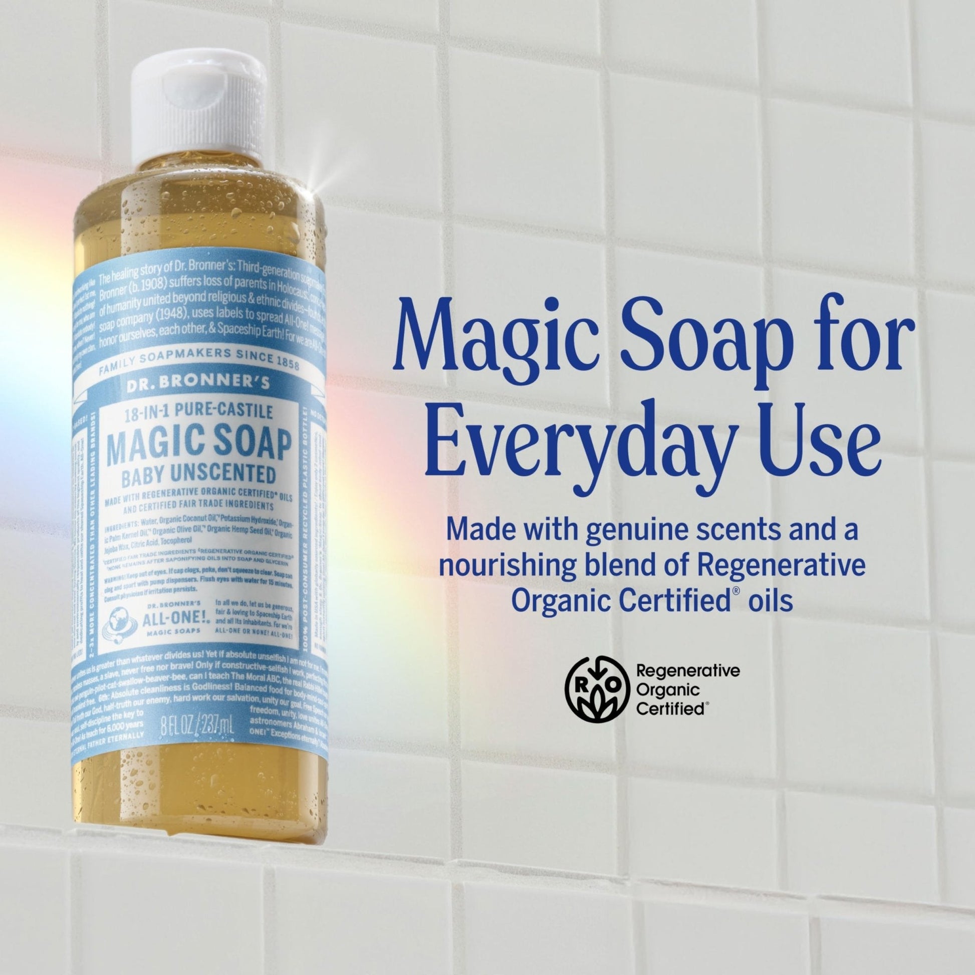 Dr. Bronner's Pure-Castile Magic Liquid Soap (Baby Unscented, 8 Ounce)- Made with Regenerative Organic Certified Oils, For Face - Maple Wellness Supplements