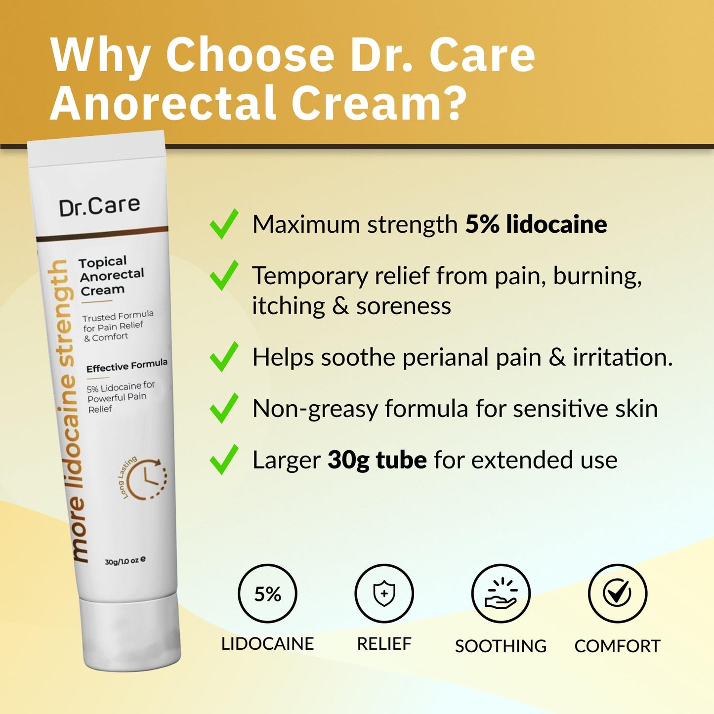 Dr Care Anorectal Cream with 5% Lidocaine - Maximum Strength Topical Anesthetic for Hemorrhoid Relief, Itching, & Burning (1.0 oz) - Maple Wellness Supplements
