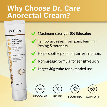 Dr Care Anorectal Cream with 5% Lidocaine - Maximum Strength Topical Anesthetic for Hemorrhoid Relief, Itching, & Burning (1.0 oz) - Maple Wellness Supplements