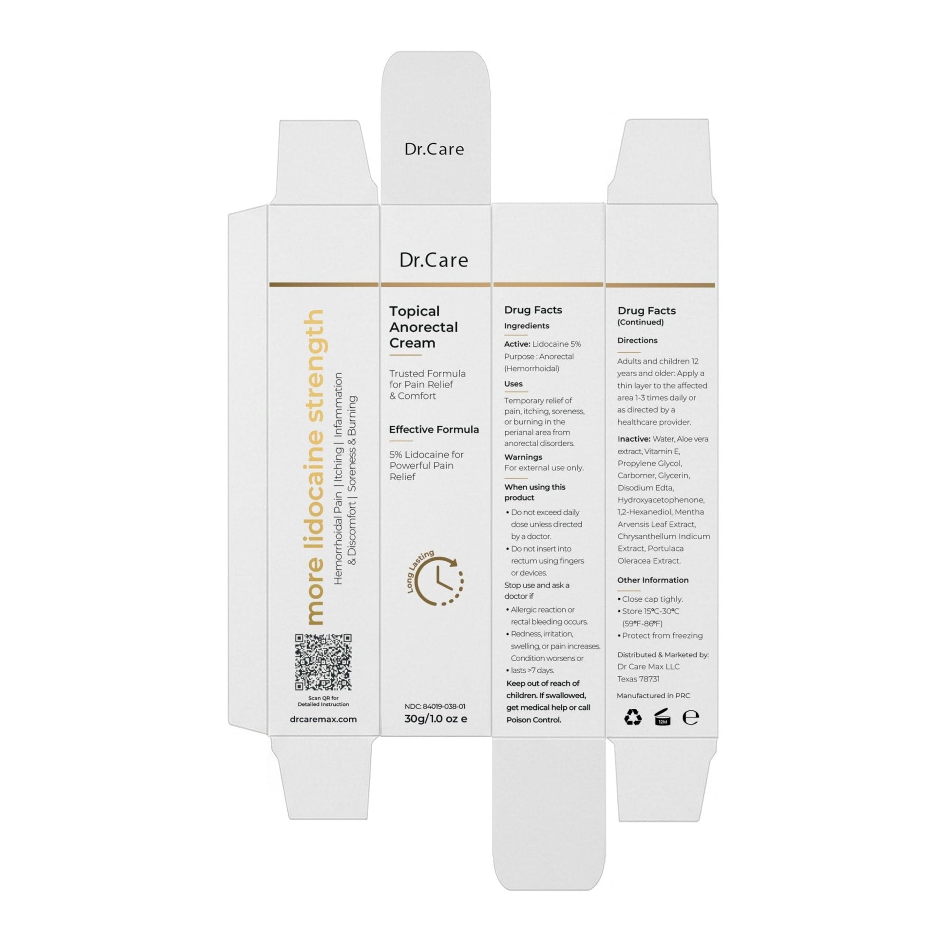Dr Care Anorectal Cream with 5% Lidocaine - Maximum Strength Topical Anesthetic for Hemorrhoid Relief, Itching, & Burning (1.0 oz) - Maple Wellness Supplements