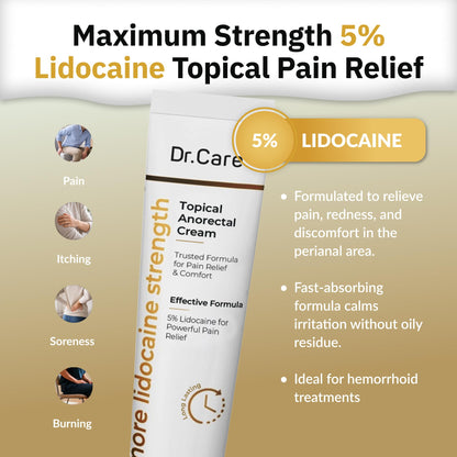 Dr Care Anorectal Cream with 5% Lidocaine - Maximum Strength Topical Anesthetic for Hemorrhoid Relief, Itching, & Burning (1.0 oz) - Maple Wellness Supplements