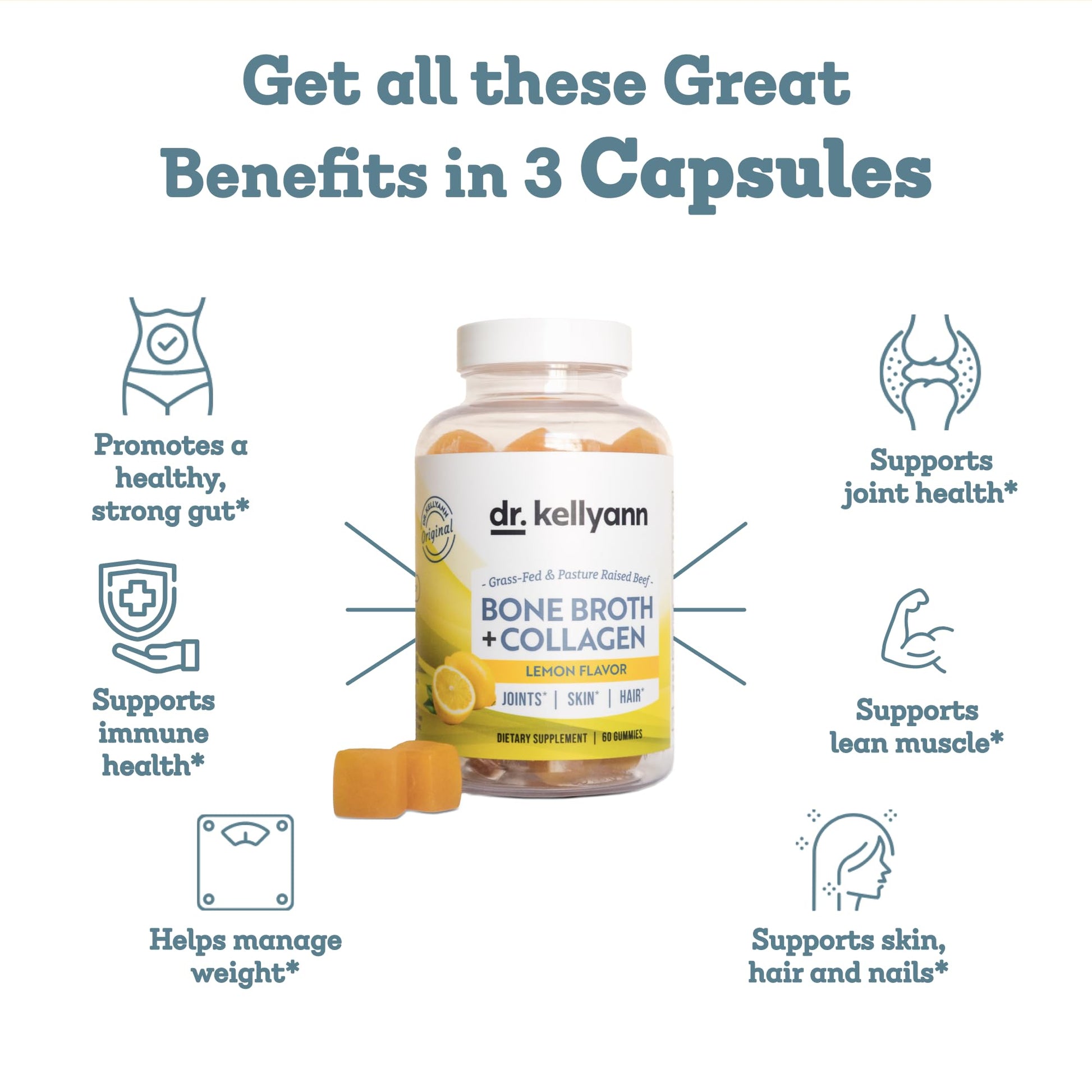 Dr. Kellyann Collagen + Bone Broth Gummies, Lemon | Gut, Skin, Joint & Hair Support | Grass-Fed Beef | Non-GMO, Dairy-Free, Soy-Free | 60 Gummies - Maple Wellness Supplements