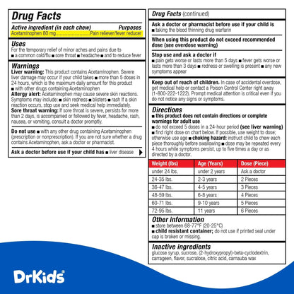 Dr. Kids Children’s Pain and Fever Chewable Gels – Pain Relief and Fever Reducer for Kids Ages 2–11, 80 mg Chewable Acetaminophen for Headache, Sore Throat, Cold & Flu, Pineapple Flavor, 26 Count - Maple Wellness Supplements