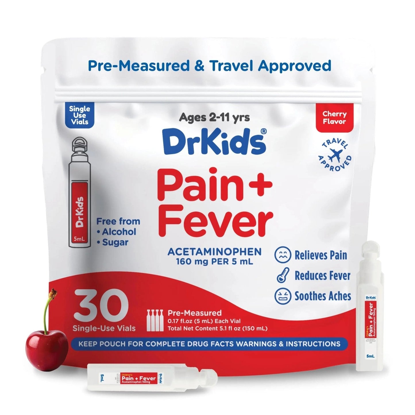 Dr. Kids Children’s Pain and Fever Medicine - Acetaminophen for Kids Ages 2-11, Pre-Measured Single-Use Vials for Headache, Sore Throat, Cold and Flu, Cherry Flavor, 30 Count - Maple Wellness Supplements
