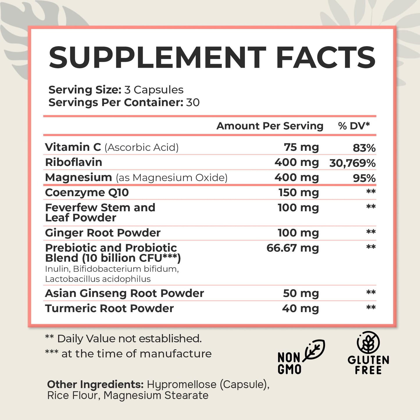 Dr. Munnerlyn MigraPro with Probiotics, Brain and Gut Health Support Supplement with Magnesium, Riboflavin, CoQ10, Ginger Root, Asian Ginseng, Vitamin C, Feverfew & Turmeric, Gluten Free, 90 Capsules - Maple Wellness Supplements