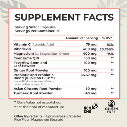 Dr. Munnerlyn MigraPro with Probiotics, Brain and Gut Health Support Supplement with Magnesium, Riboflavin, CoQ10, Ginger Root, Asian Ginseng, Vitamin C, Feverfew & Turmeric, Gluten Free, 90 Capsules - Maple Wellness Supplements