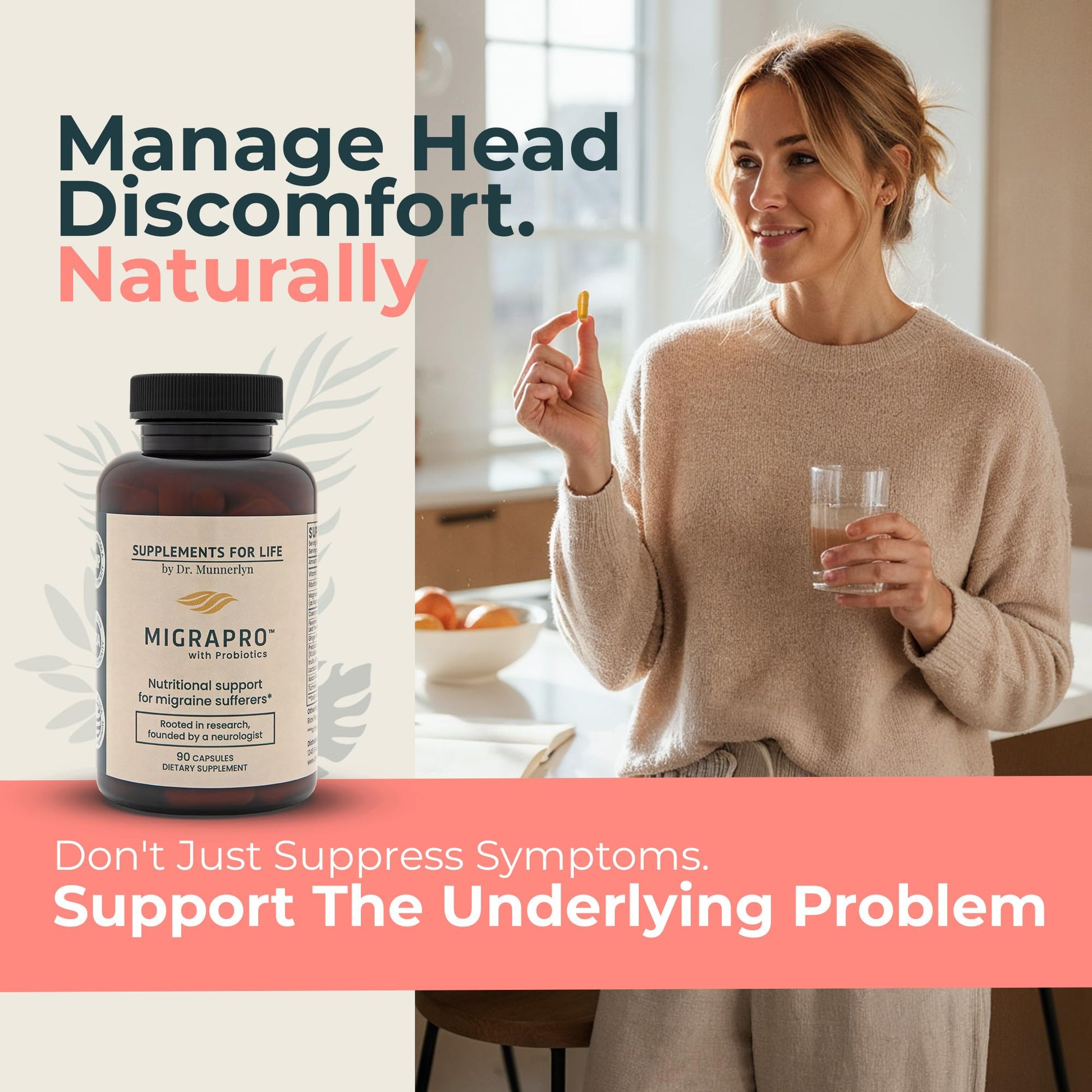 Dr. Munnerlyn MigraPro with Probiotics, Brain and Gut Health Support Supplement with Magnesium, Riboflavin, CoQ10, Ginger Root, Asian Ginseng, Vitamin C, Feverfew & Turmeric, Gluten Free, 90 Capsules - Maple Wellness Supplements