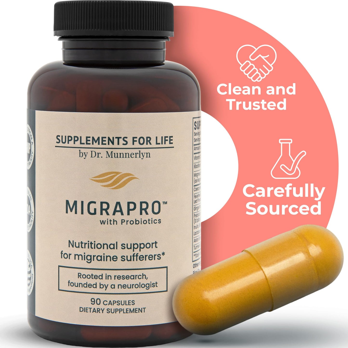 Dr. Munnerlyn MigraPro with Probiotics, Brain and Gut Health Support Supplement with Magnesium, Riboflavin, CoQ10, Ginger Root, Asian Ginseng, Vitamin C, Feverfew & Turmeric, Gluten Free, 90 Capsules - Maple Wellness Supplements