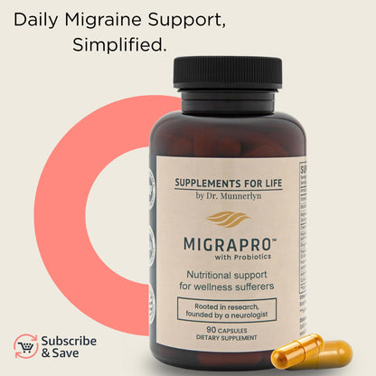 Dr. Munnerlyn MigraPro with Probiotics, Brain and Gut Health Support Supplement with Magnesium, Riboflavin, CoQ10, Ginger Root, Asian Ginseng, Vitamin C, Feverfew & Turmeric, Gluten Free, 90 Capsules - Maple Wellness Supplements