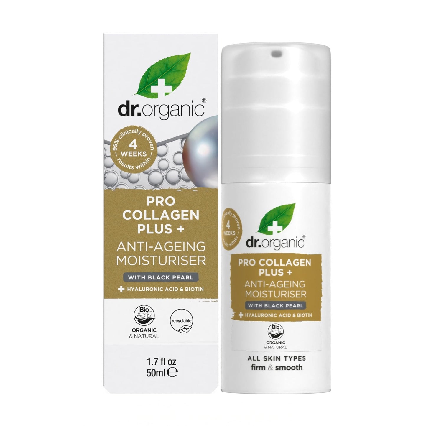 Dr. Organic Pro Collagen Plus + Anti-Ageing Moisturiser with Black Pearl | Firm & Smooth Skin, Reduces Wrinkles, (All Skin Types) Natural, Certified Organic, Paraben & SLS-Free, 50 mL / 1.7 fl oz - Maple Wellness Supplements