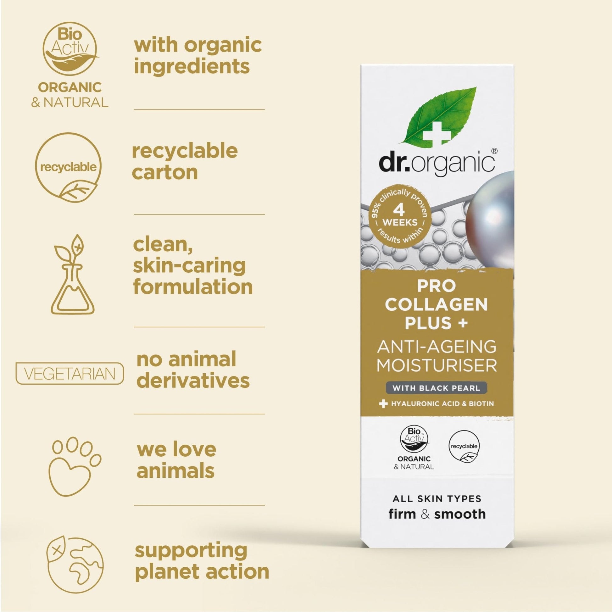 Dr. Organic Pro Collagen Plus + Anti-Ageing Moisturiser with Black Pearl | Firm & Smooth Skin, Reduces Wrinkles, (All Skin Types) Natural, Certified Organic, Paraben & SLS-Free, 50 mL / 1.7 fl oz - Maple Wellness Supplements