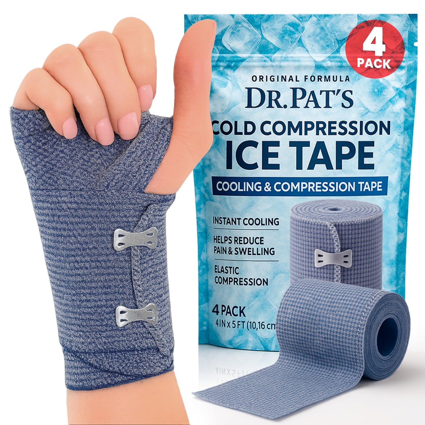 Dr Pat's Ice Tape (4 Pack) - Cooling Bandage Wrap Athletic Tape - Compression Instant Cold Compress Wrap with Menthol - Elastic, Athletic for Sore Muscles, Pain Relief Now, Swelling, Recovery, Sports - Maple Wellness Supplements