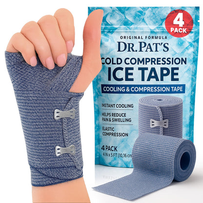 Dr Pat's Ice Tape (4 Pack) - Cooling Bandage Wrap Athletic Tape - Compression Instant Cold Compress Wrap with Menthol - Elastic, Athletic for Sore Muscles, Pain Relief Now, Swelling, Recovery, Sports - Maple Wellness Supplements