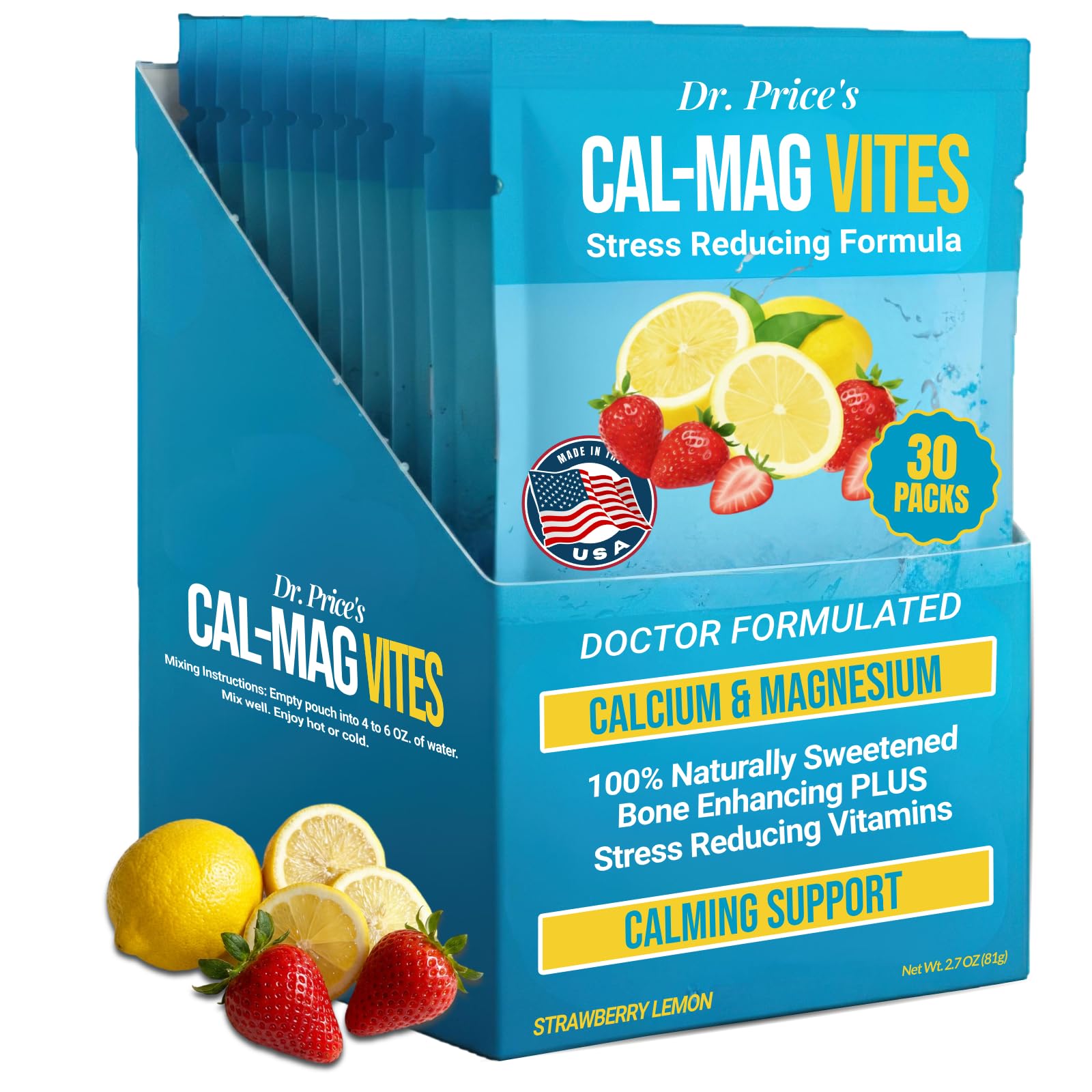 Dr. Price’s Cal-Mag Vites – Strawberry Lemon, 30 Packs | Calcium Magnesium Powder Packets + Vitamin D3, K & Boron | Calming Bone & Muscle Support for Kids & Adults | Doctor-Formulated, Made in USA - Maple Wellness Supplements