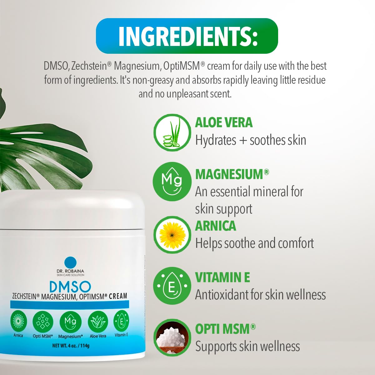 Dr. Robaina DMSO Cream – 99.9% Pure Dimethyl Sulfoxide | Formula with Zechstein Magnesium, Arnica, Aloe Vera & Vitamin E | Topical Cream for Body Wellness - Maple Wellness Supplements