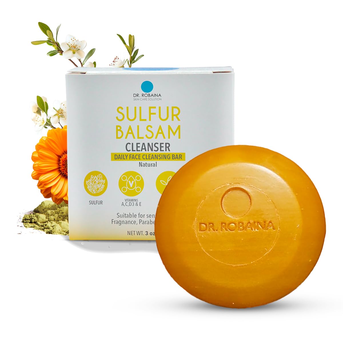 Dr. Robaina Sulfur Balsam Cleansing Bar – Face & Body Soap for Oily, Acne-Prone or Itchy Skin – Gently Exfoliates, Calms Redness & Removes Excess Oil – Tea Tree, Calendula & Shea, 4 oz - Maple Wellness Supplements