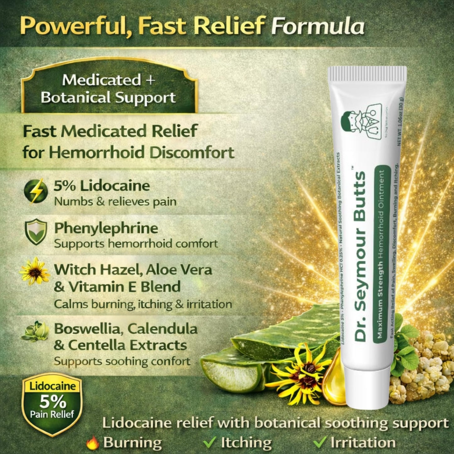 Dr. Seymour Butts Hemorrhoid Ointment – Lidocaine 5% Pain Relief for Burning, Itching & Irritation | External Hemorrhoid Care with Witch Hazel, Aloe & Botanical Support - Maple Wellness Supplements