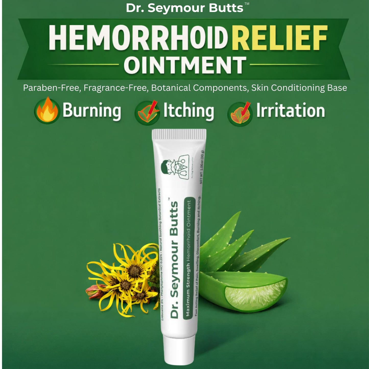 Dr. Seymour Butts Hemorrhoid Ointment – Lidocaine 5% Pain Relief for Burning, Itching & Irritation | External Hemorrhoid Care with Witch Hazel, Aloe & Botanical Support - Maple Wellness Supplements